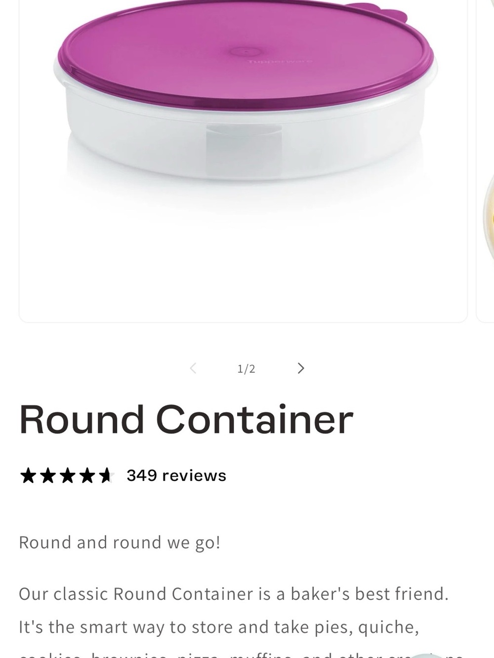 Tupperware Round Food Container with Purple Lid and White Base